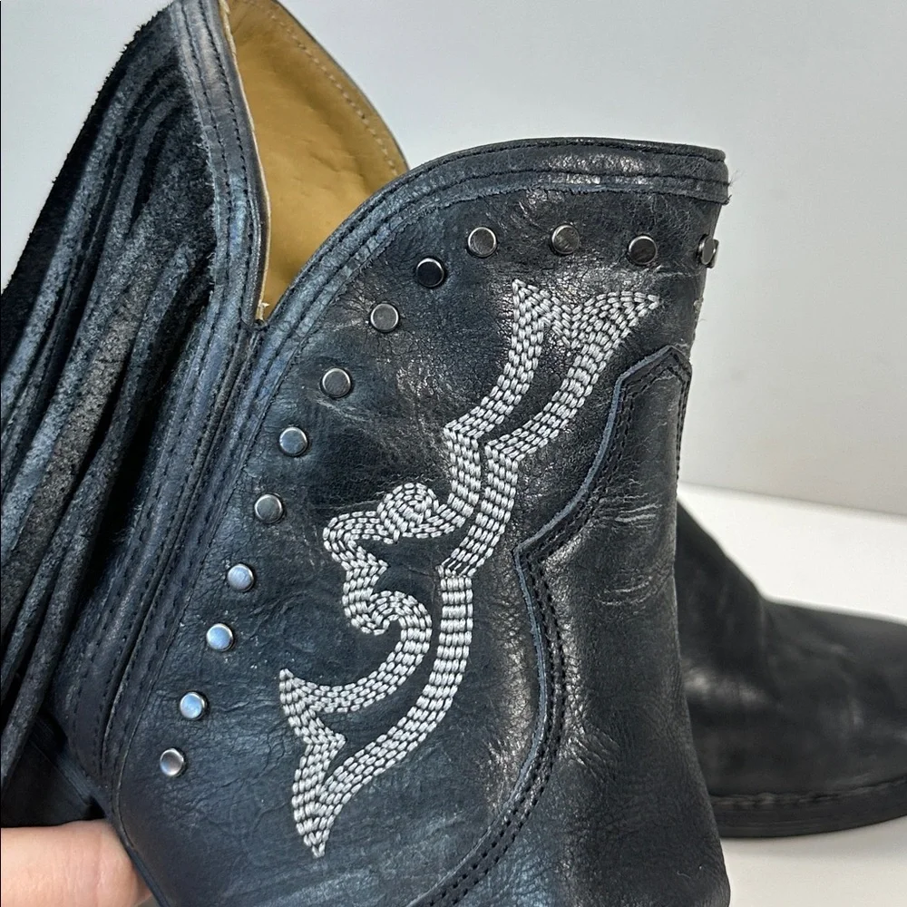 Black Leather Fringe Studded Cowboy Ankle Boots